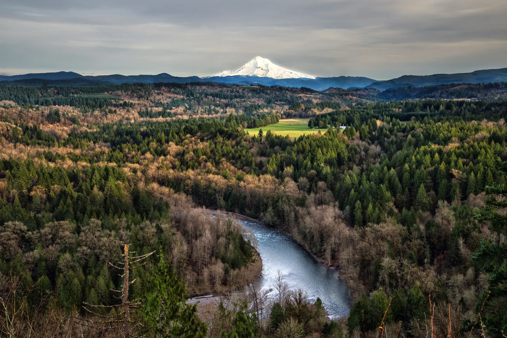 Aerial view of Oregon's Willamette Valley with farmland, forests, and distant mountains